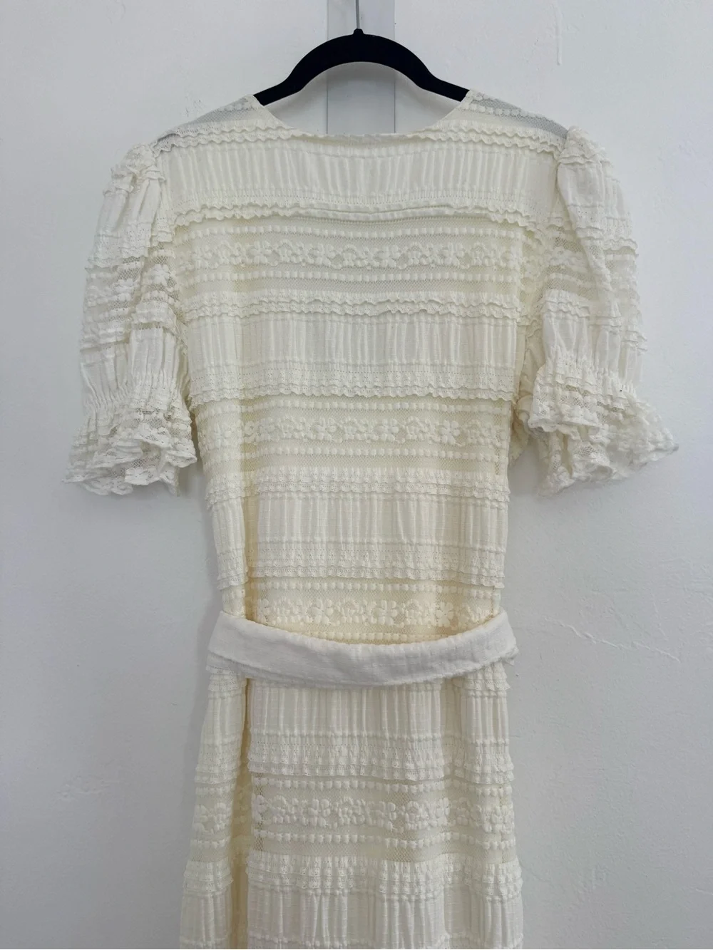 Tularosa Quinn Midi Dress Cream Boho Ruffle Puff Shoulder Belted Bridal Wedding - Picture 11 of 15